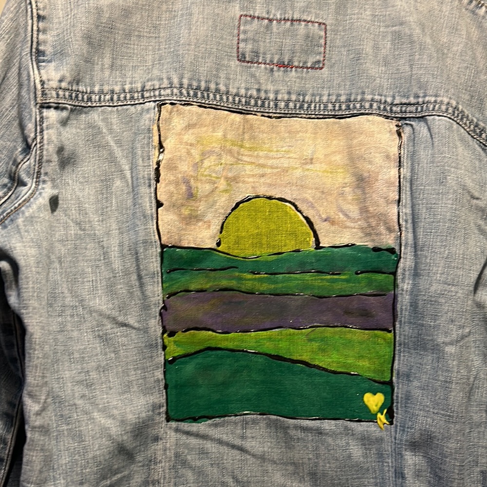 Handpainted, jean shirt, large, sunset, sunrise, one-of-a-kind painted by Kay